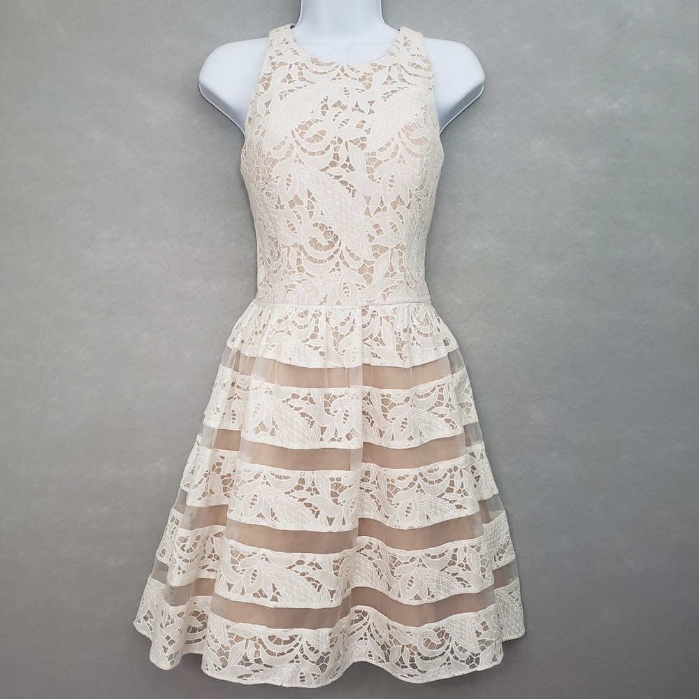 Aidan Mattox 6 Fit & Flare Dress White Lace Illusion Striped Cocktail Formal